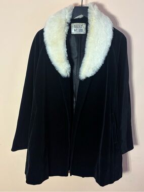Vintage 50s Bullocks Wilshire Velvet Coat Faux Fur Collar Swing L